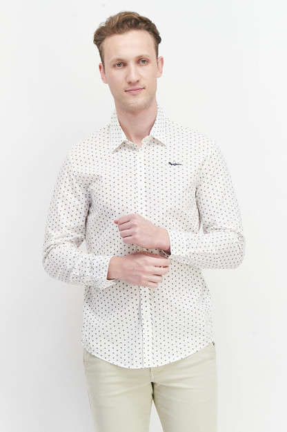 Slim Fit erkaklar uchun uzun yengli bosma tasodifiy ko'ylak, oq kombinatsiyalangan