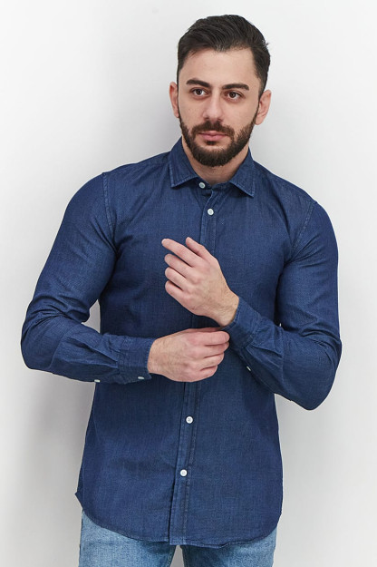 Erkaklar uchun tekis rangli oddiy ko'ylak, bo'yinbog ' va uzun yengli ko'k Denim
