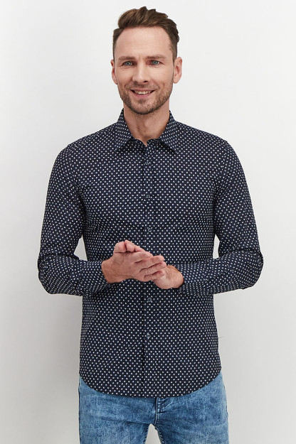 Slim Fit erkaklar uchun uzun yengli bosma ko'ylak, to'q ko'k