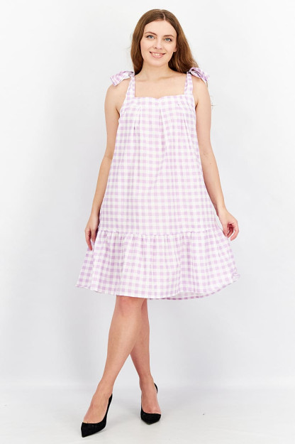 Lilac/oq rangdagi ayollar uchun mini katakli ko'ylak