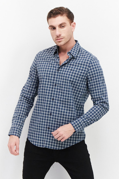 Мужские повседневные рубашки Slim Fit в клетку с длинным рукавом, синие/белые