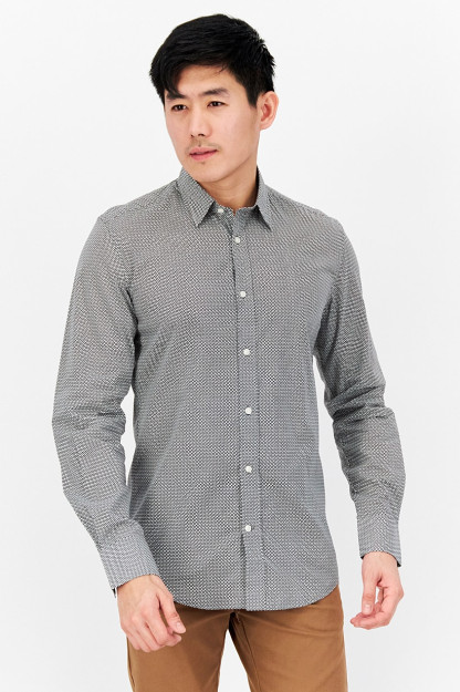 Slim Fit erkaklar uchun geometrik va uzun yengli tasodifiy ko'ylak, kulrang/qora kombinatsiyalangan