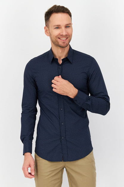 Slim Fit Microdot erkaklar uchun uzun yengli oddiy ko'ylak, to'q ko'k