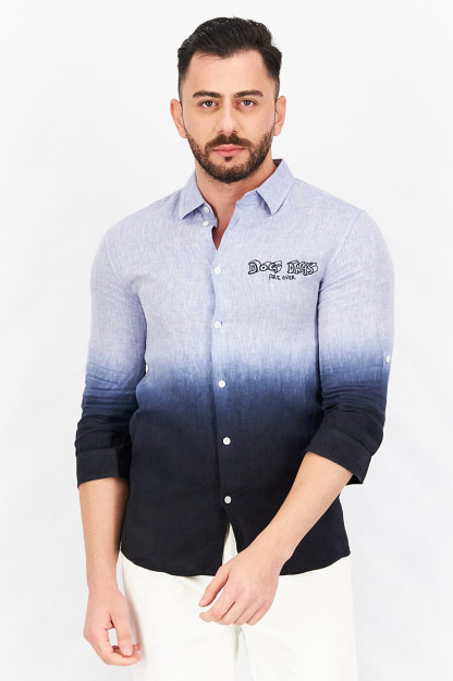 Мужская повседневная рубашка с вышивкой Slim Fit с рукавом 3/4, небесно-голубая