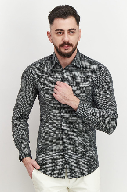 Slim Fit erkaklar uchun uzun yengli bosma ko'ylak, qora va oq