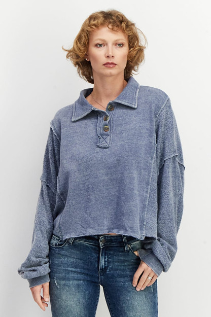 Женские футболки Heather Henley с длинным рукавом и отложным воротником, синие