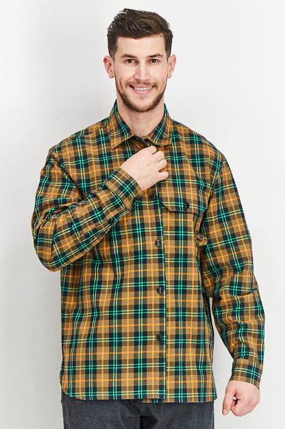 Erkaklar uchun oddiy uzun yengli plashli tasodifiy ko'ylak, xaki/yashil/jigarrang kombinatsiyalangan