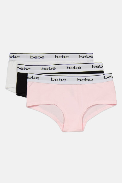 Booty ayollar Panties brend logotipi 3 to'plami, oq / pushti / qora