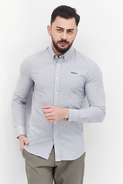 Мужская повседневная рубашка Slim Fit в полоску с длинными рукавами, синяя/белая