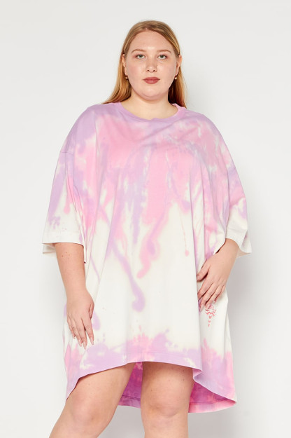 Tie Dye Dress ayollar uchun bo'yinbog'li qisqa yengli ko'ylak, pushti kombinatsiyalangan