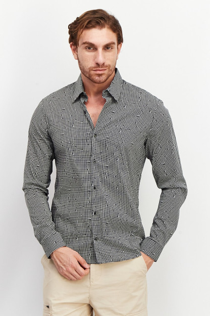 Extra Slim Fit Microgrid erkaklar uchun uzun yengli qora ko'ylak
