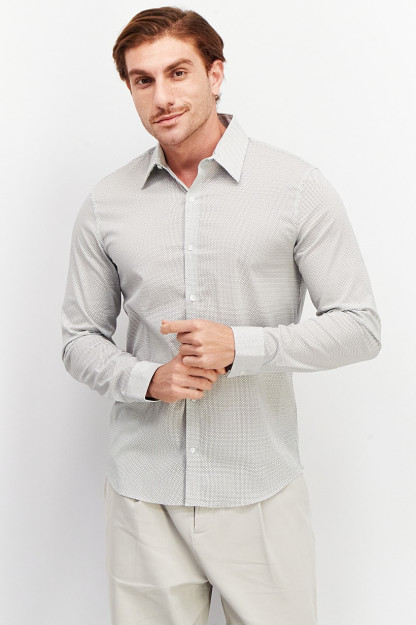 Slim Fit erkaklar uchun to'liq uzunlikdagi uzun yengli oq/qora bosma tasodifiy ko'ylak