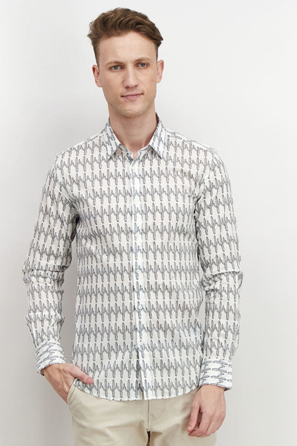 Мужская повседневная рубашка Slim Fit с принтом по всей длине и длинным рукавом, белая и черная