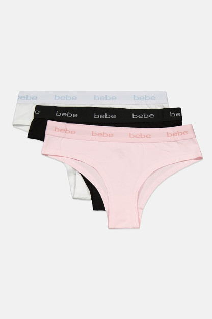 Cheeky ayollar Panties brend logotipi, 3 ta paket, oq / pushti / qora