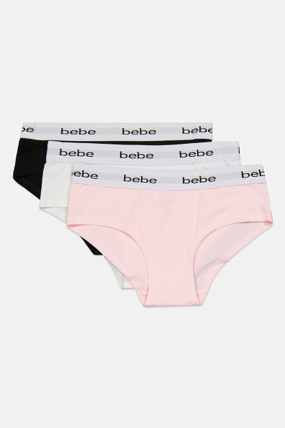Brend logotipi bilan ayollar bikini külot, 3 ta paket, oq / qora / pushti