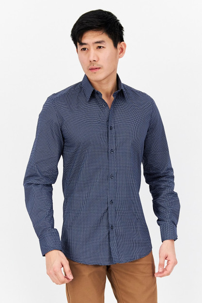 Slim Fit erkaklar uchun takrorlanadigan naqshli uzun yengli ko'ylak, ko'k