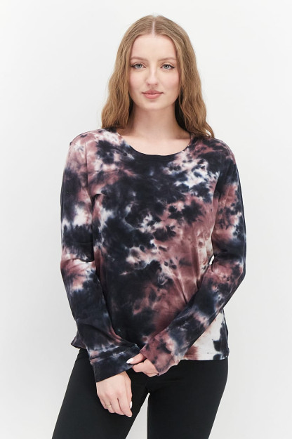 Tie Dye ayollar uzun yengli bo'yinbog'li futbolka, qora kombinatsiyalangan