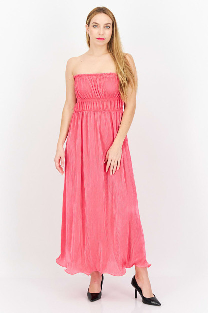 Plisse ayollar Maxi libosi, asal pushti
