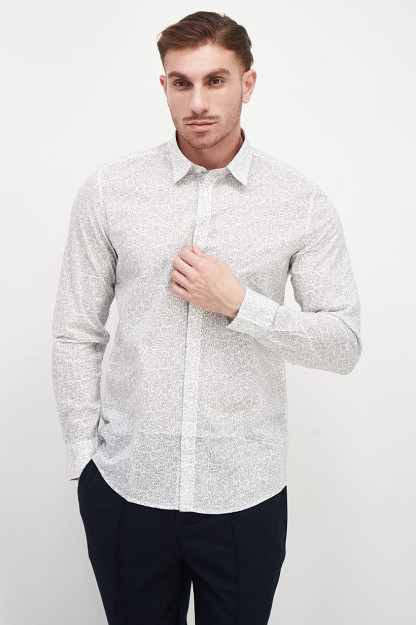 Erkaklar uchun Slim Fit tasodifiy ko'ylak, butun tanasi bo'ylab bosilgan va uzun yengli, oq / qora