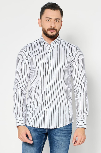 Slim Fit erkaklar uchun oq/qora uzun yengli chiziqli tasodifiy ko'ylak