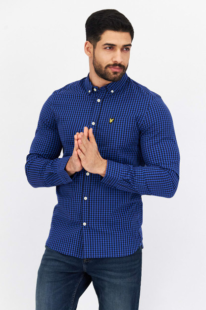 Мужская повседневная рубашка Slim Fit в клетку с длинными рукавами, синяя/черная