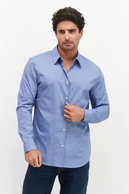 Мужская повседневная рубашка Slim Fit с вышитым логотипом и длинными рукавами, синяя