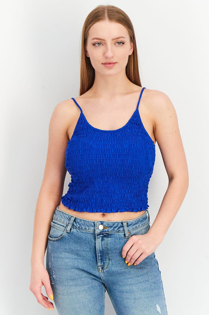 U-bo'yinli ayollar uchun yengsiz Ruffle top, ko'k