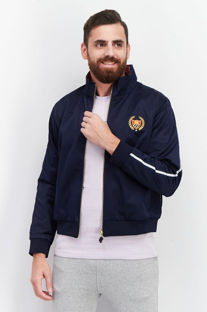 Uzun yengli va naqshli logotipli erkaklar sport kozok, to'q ko'k