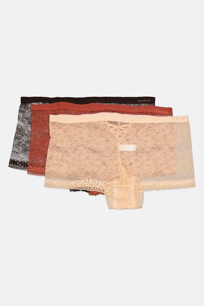 Katta o'lchamli ayollar dantelli o'g'il bolalar shortilari, 3 ta paket, zanglagan / to'q jigarrang / shaftoli