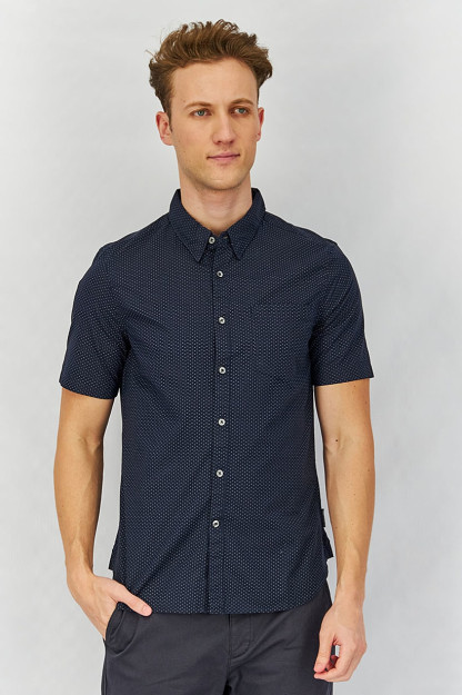Мужская повседневная рубашка Slim Fit в горошек с коротким рукавом синего цвета
