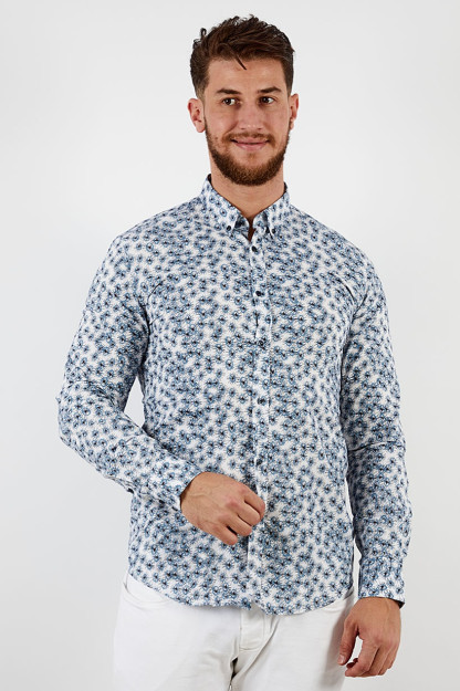 Slim Fit erkaklar uchun tasodifiy ko'ylak, bo'yinbog ' va butun uzunligi bo'ylab bosilgan, oq kombinatsiyalangan ko'ylak