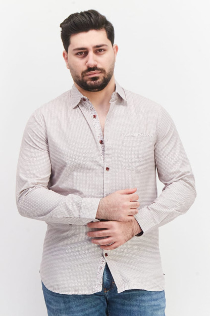 Erkaklar uchun oddiy kesilgan ko'ylak, uzun qisma uzun qisma, jigarrang / oq