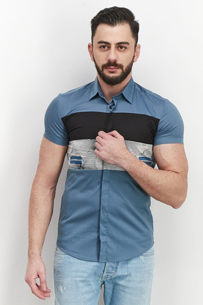 Erkaklar uchun Slim Fit Colorblock qisqa yengli tasodifiy ko'ylak, quyuq kulrang