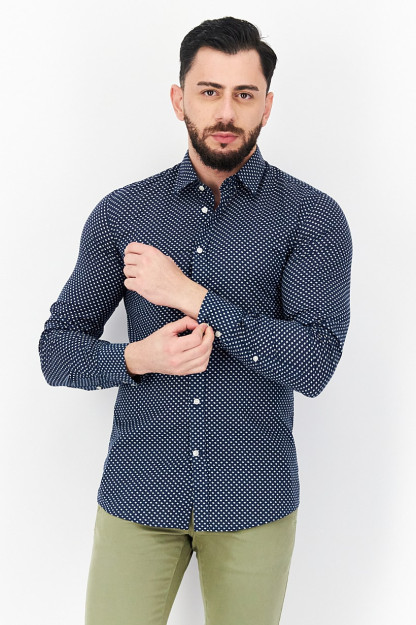 Мужская повседневная рубашка Slim Fit с принтом по всему телу и длинными рукавами, темно-синий/белый