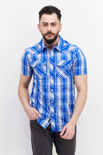 Oddiy mem Regular Fit qisqa yengli plashli ko'ylak, ko'k