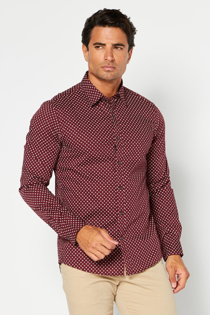 Slim Fit erkaklar uchun uzun yengli bosma tasodifiy ko'ylak, to'q qizil rangli kombinatsiyalangan