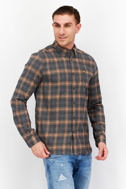 Erkaklar uchun oddiy uzun yengli, kulrang/shaftoli kesilgan plashli tasodifiy ko'ylak