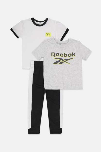 Kids Boy brendi logotipi futbolka va shim to'plami, 3 dona, kulrang / qora / oq