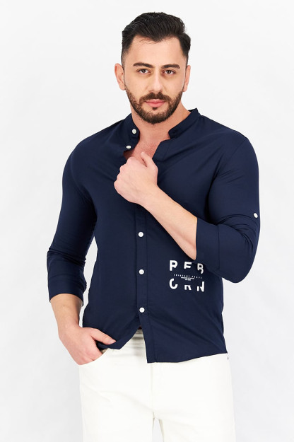 Slim Fit 3/4 yengli erkaklar uchun tasodifiy ko'ylak, Berlin ko'k