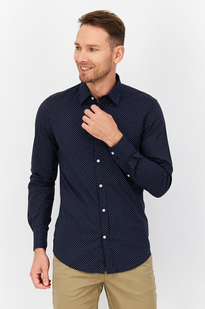 Мужская повседневная рубашка Slim Fit с принтом по всей длине и длинными рукавами, темно-синяя