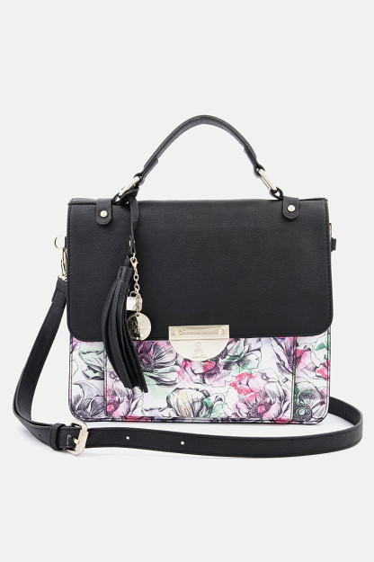 Ayollar uchun gulli bosma elkama-sumka, 23V x 27l x 9w sm, qora kombinatsiyalangan