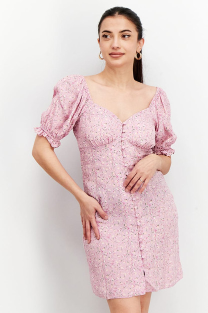 Ayollar uchun gulli bosma mini tugmachali libos, Lilac