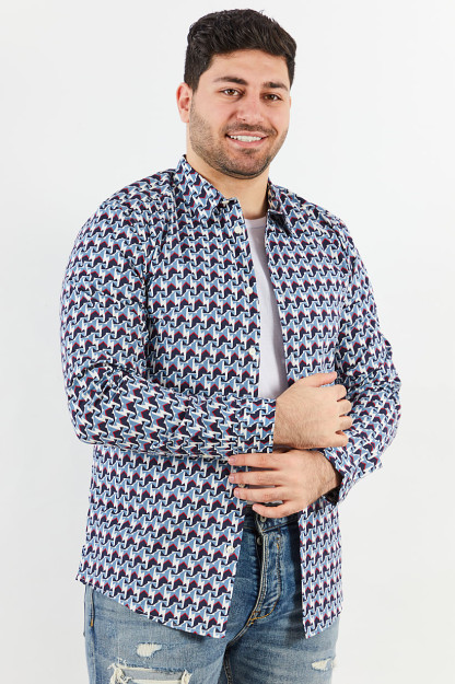 Slim Fit erkaklar uchun oq va ko'k rangli uzun yengli bosma oddiy ko'ylak