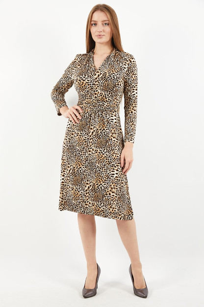 Uzun yengli va hayvon naqshli ayollar leopard midi ko'ylak, jigarrang kombinatsiyalangan