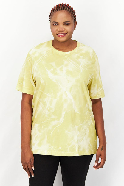 Tie Dye bosilgan ayollar uchun bo'yinbog'li qisqa yengli futbolka, och yashil