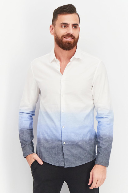 Erkaklar uchun Slim Fit Ombre uzun yengli oq/ko'k/qora tasodifiy ko'ylak