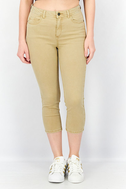 Ayollar uchun tekis rangli Slim Fit elastik Kapri shimlari, xaki