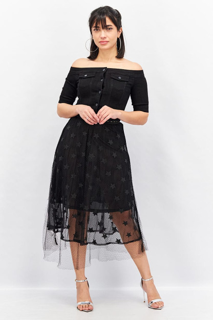 Ayollar Denim midi kechki libosi, qora
