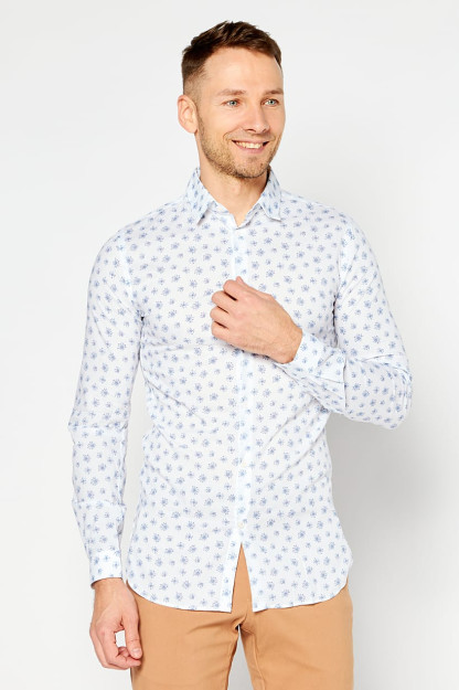 Slim Fit erkaklar uchun uzun yengli bosma ko'ylak, oq / ko'k