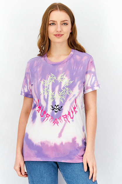 Tie Dye ayollar uchun bo'yinbog'li qisqa yengli futbolka, lavanta rangli kombinatsiyalangan
